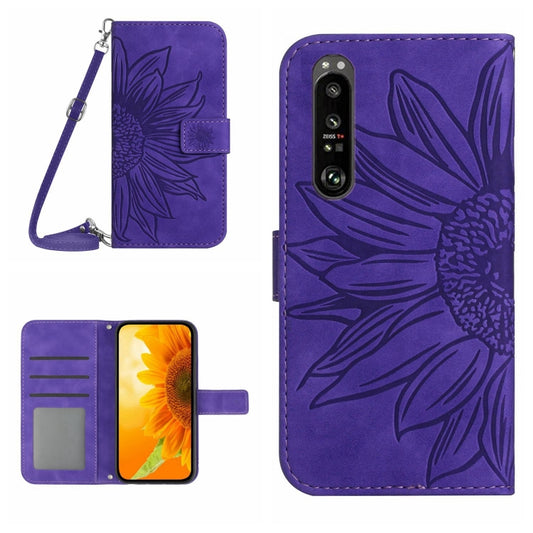 For Sony Xperia 1 V HT04 Skin Feel Sun Flower Embossed Flip Leather Phone Case with Lanyard(Dark Purple) by buy2fix
