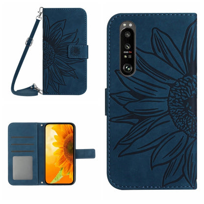 For Sony Xperia 1 V HT04 Skin Feel Sun Flower Embossed Flip Leather Phone Case with Lanyard(Inky Blue) by buy2fix
