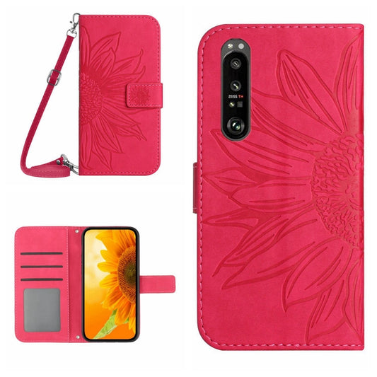 For Sony Xperia 1 V HT04 Skin Feel Sun Flower Embossed Flip Leather Phone Case with Lanyard(Rose Red) by buy2fix