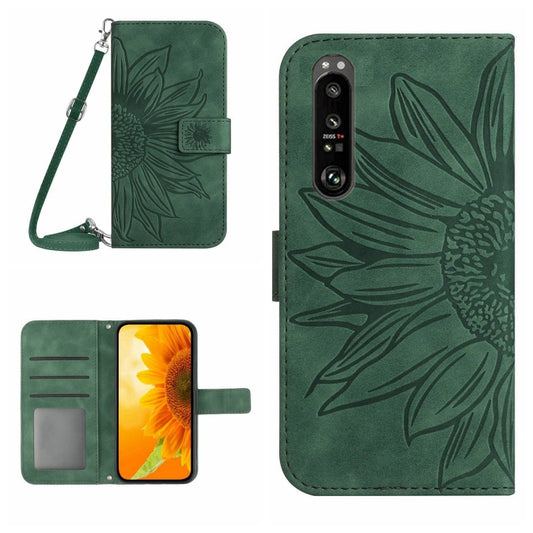 For Sony Xperia 1 V HT04 Skin Feel Sun Flower Embossed Flip Leather Phone Case with Lanyard(Green) by buy2fix