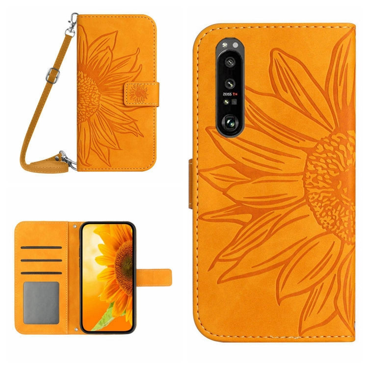 For Sony Xperia 1 V HT04 Skin Feel Sun Flower Embossed Flip Leather Phone Case with Lanyard(Yellow) by buy2fix