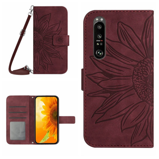 For Sony Xperia 1 V HT04 Skin Feel Sun Flower Embossed Flip Leather Phone Case with Lanyard(Wine Red) by buy2fix