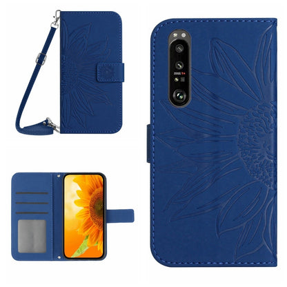 For Sony Xperia 1 V HT04 Skin Feel Sun Flower Embossed Flip Leather Phone Case with Lanyard(Dark Blue) by buy2fix