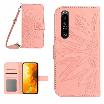 For Sony Xperia 1 V HT04 Skin Feel Sun Flower Embossed Flip Leather Phone Case with Lanyard(Pink) by buy2fix