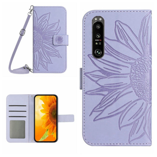 For Sony Xperia 1 V HT04 Skin Feel Sun Flower Embossed Flip Leather Phone Case with Lanyard(Purple) by buy2fix