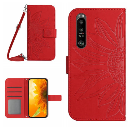 For Sony Xperia 1 V HT04 Skin Feel Sun Flower Embossed Flip Leather Phone Case with Lanyard(Red) by buy2fix
