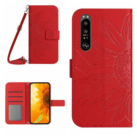 For Sony Xperia 1 V HT04 Skin Feel Sun Flower Embossed Flip Leather Phone Case with Lanyard(Red) by buy2fix
