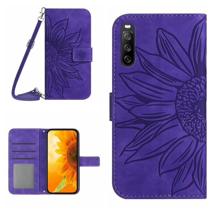 For Sony Xperia 10 V HT04 Skin Feel Sun Flower Embossed Flip Leather Phone Case with Lanyard(Dark Purple) by buy2fix