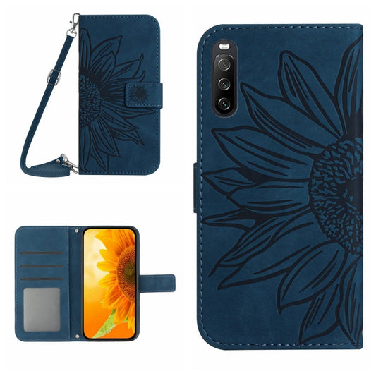 For Sony Xperia 10 V HT04 Skin Feel Sun Flower Embossed Flip Leather Phone Case with Lanyard(Inky Blue) by buy2fix