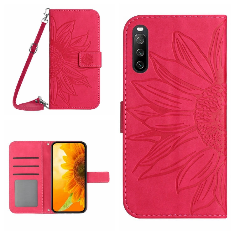 For Sony Xperia 10 V HT04 Skin Feel Sun Flower Embossed Flip Leather Phone Case with Lanyard(Rose Red) by buy2fix