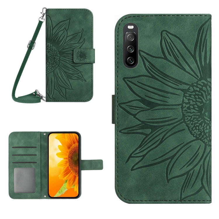 For Sony Xperia 10 V HT04 Skin Feel Sun Flower Embossed Flip Leather Phone Case with Lanyard(Green) by buy2fix