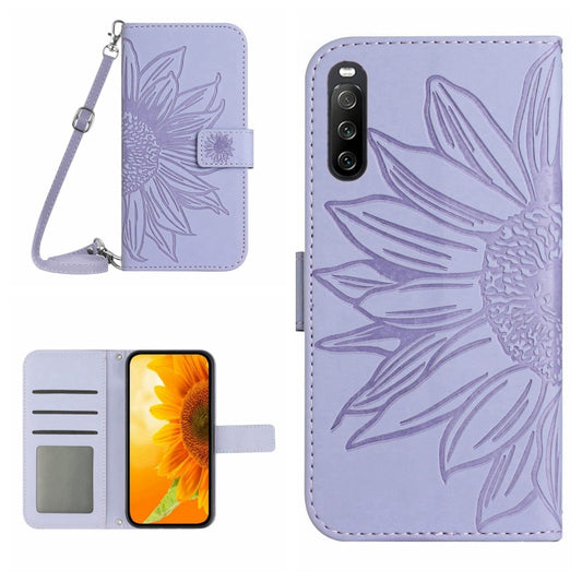 For Sony Xperia 10 V HT04 Skin Feel Sun Flower Embossed Flip Leather Phone Case with Lanyard(Purple) by buy2fix