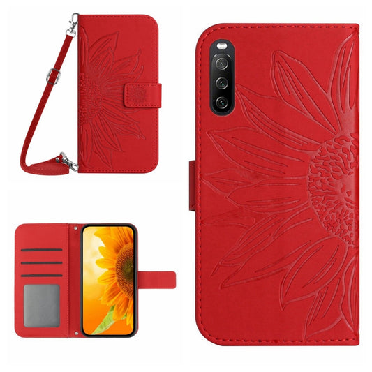 For Sony Xperia 10 V HT04 Skin Feel Sun Flower Embossed Flip Leather Phone Case with Lanyard(Red) by buy2fix