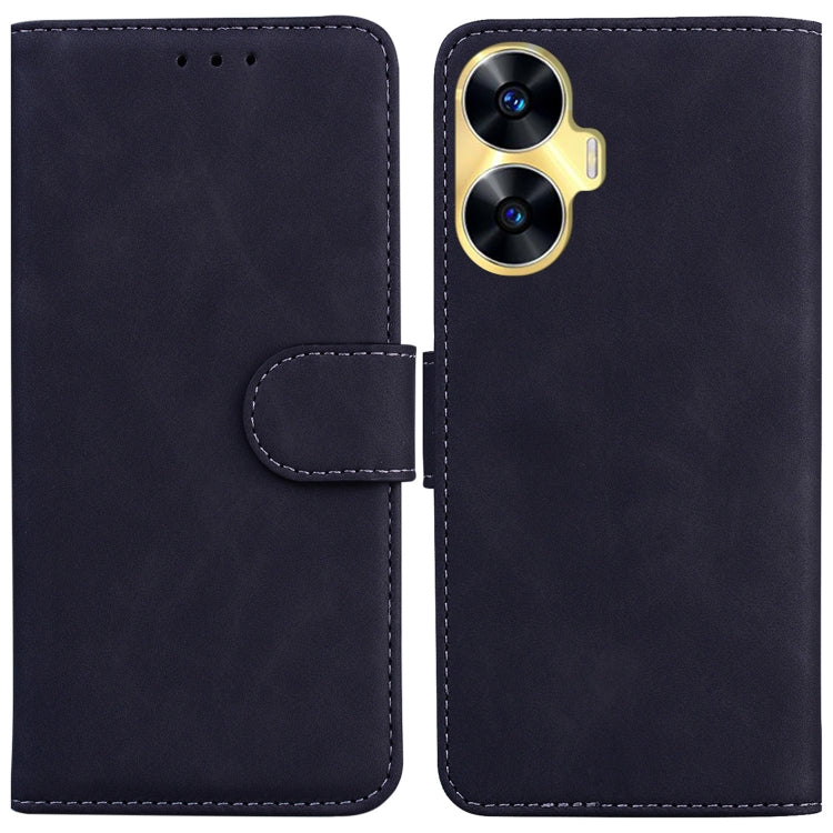 For Realme C55 Skin Feel Pure Color Flip Leather Phone Case(Black) - Realme Cases by buy2fix | Online Shopping UK | buy2fix