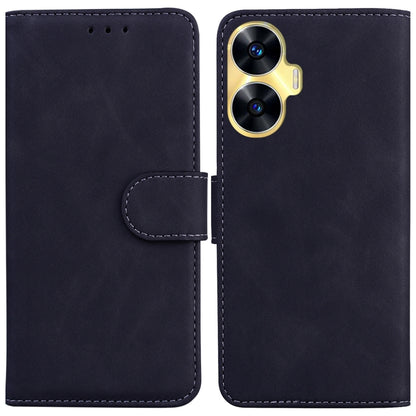 For Realme C55 Skin Feel Pure Color Flip Leather Phone Case(Black) - Realme Cases by buy2fix | Online Shopping UK | buy2fix