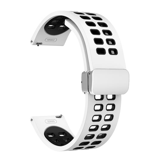 20mm Double-row Hole Folding Silver Buckle Two-color Silicone Watch Band(White Black) - 20mm Bands by buy2fix | Online Shopping UK | buy2fix