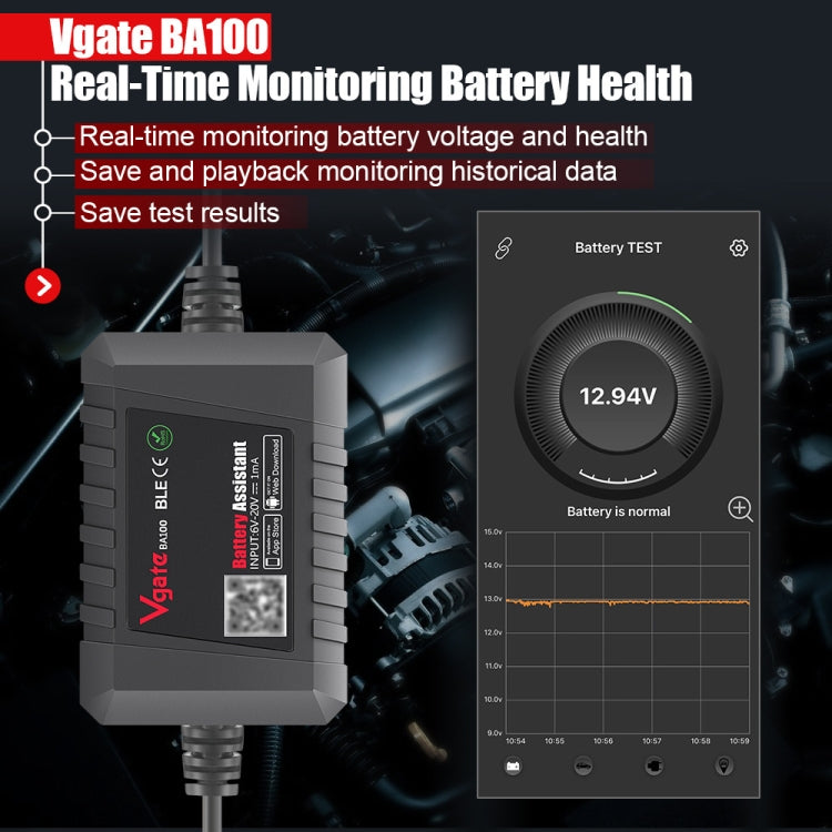 Vgate BA100 Car 12V Bluetooth 4.0 Battery Assistant Analyzer Tester - Electronic Test by Vgate | Online Shopping UK | buy2fix