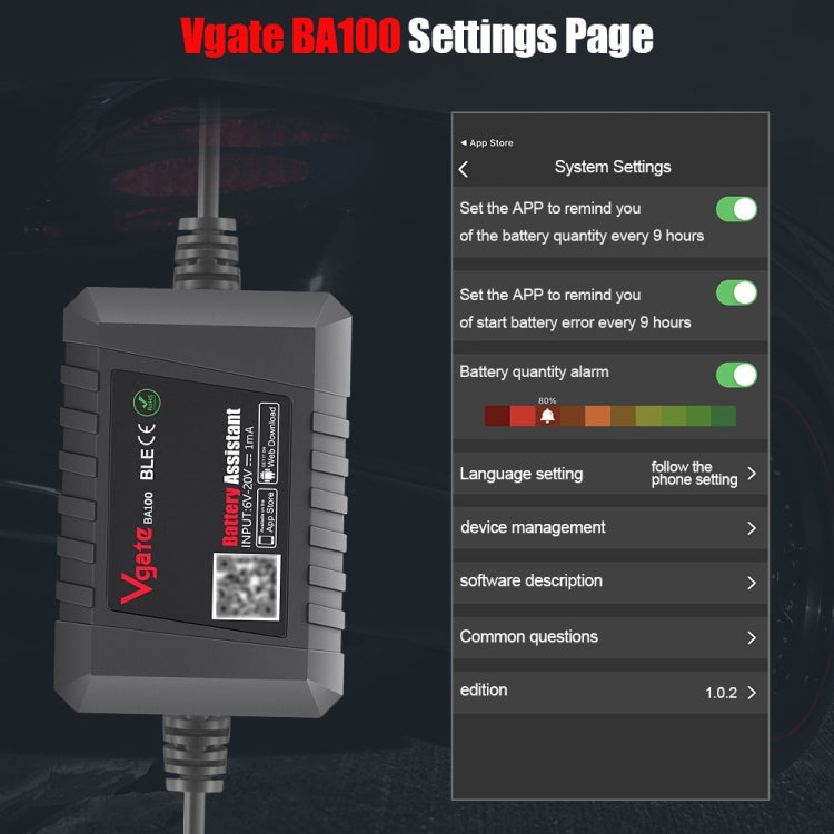 Vgate BA100 Car 12V Bluetooth 4.0 Battery Assistant Analyzer Tester - Electronic Test by Vgate | Online Shopping UK | buy2fix
