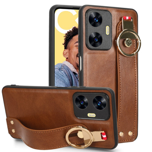 For Realme C55 Wristband Leather Back Phone Case(Brown) - Realme Cases by buy2fix | Online Shopping UK | buy2fix