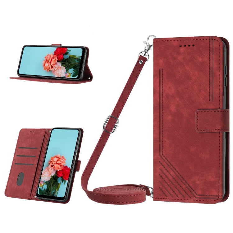 For Nokia C32 Skin Feel Stripe Pattern Leather Phone Case with Lanyard(Red) by buy2fix