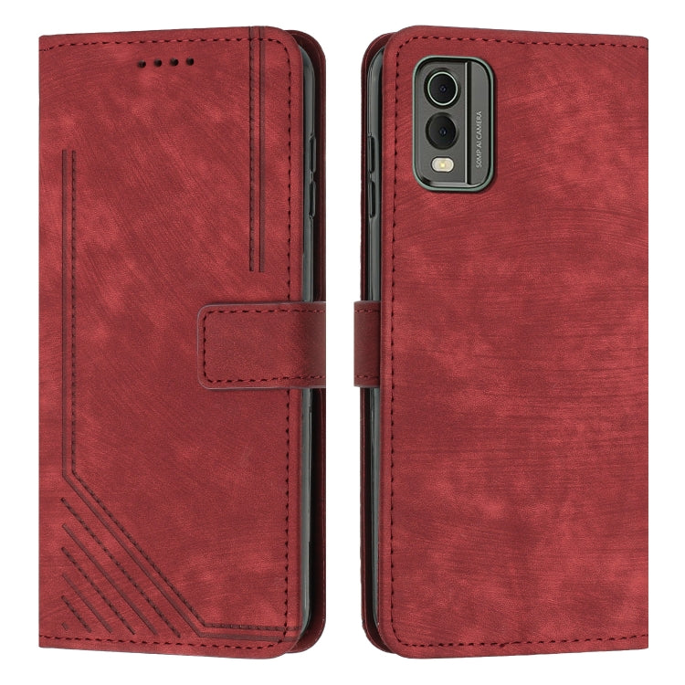For Nokia C32 Skin Feel Stripe Pattern Leather Phone Case with Lanyard(Red) by buy2fix