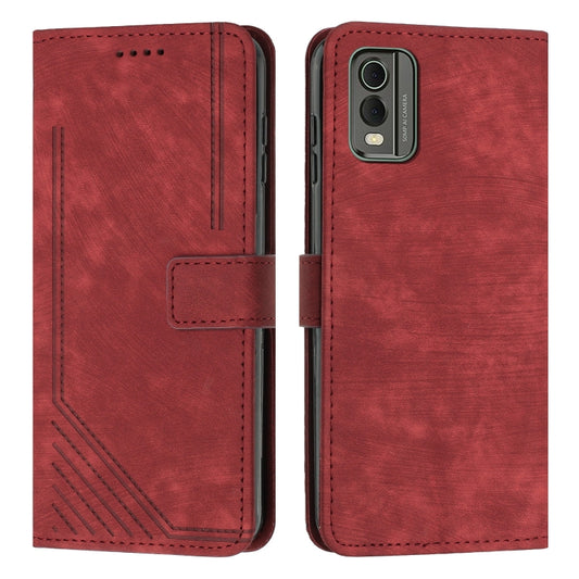 For Nokia C32 Skin Feel Stripe Pattern Leather Phone Case with Lanyard(Red) by buy2fix
