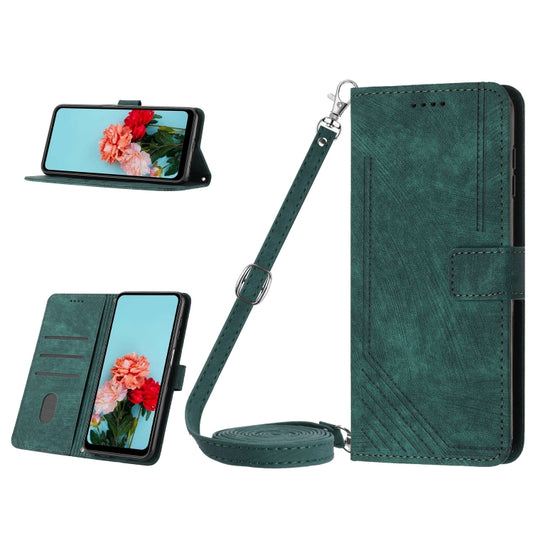 For Nokia C32 Skin Feel Stripe Pattern Leather Phone Case with Lanyard(Green) by buy2fix