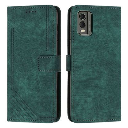For Nokia C32 Skin Feel Stripe Pattern Leather Phone Case with Lanyard(Green) by buy2fix