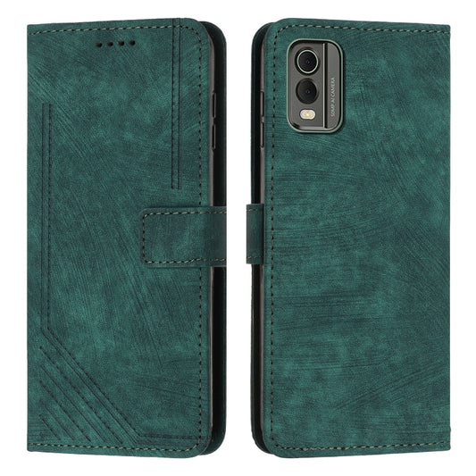For Nokia C32 Skin Feel Stripe Pattern Leather Phone Case with Lanyard(Green) by buy2fix