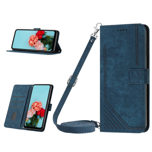 For Nokia C32 Skin Feel Stripe Pattern Leather Phone Case with Lanyard(Blue) by buy2fix