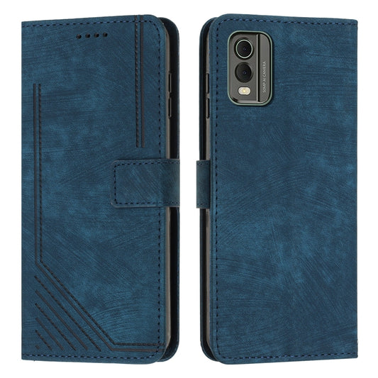 For Nokia C32 Skin Feel Stripe Pattern Leather Phone Case with Lanyard(Blue) by buy2fix