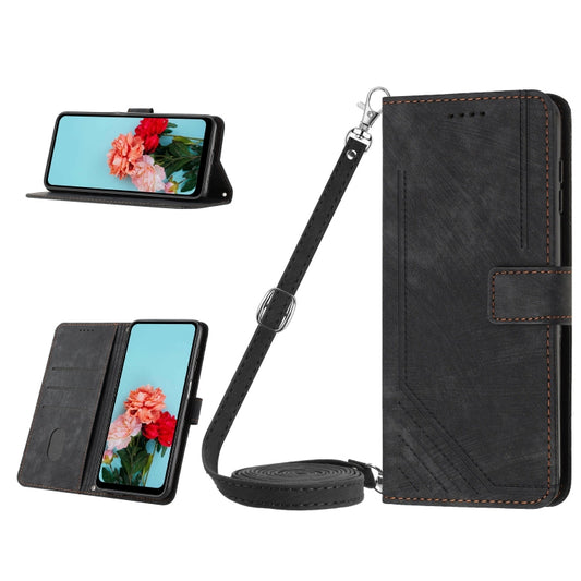 For Nokia C32 Skin Feel Stripe Pattern Leather Phone Case with Lanyard(Black) by buy2fix