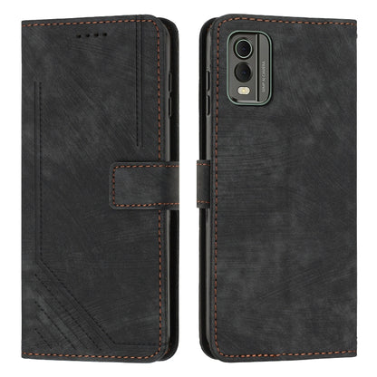 For Nokia C32 Skin Feel Stripe Pattern Leather Phone Case with Lanyard(Black) by buy2fix
