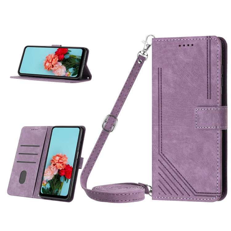 For Nokia C32 Skin Feel Stripe Pattern Leather Phone Case with Lanyard(Purple) by buy2fix