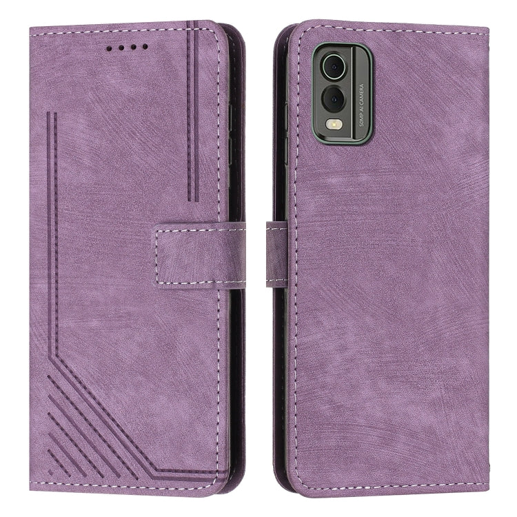 For Nokia C32 Skin Feel Stripe Pattern Leather Phone Case with Lanyard(Purple) by buy2fix