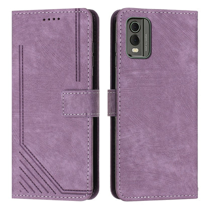 For Nokia C32 Skin Feel Stripe Pattern Leather Phone Case with Lanyard(Purple) by buy2fix