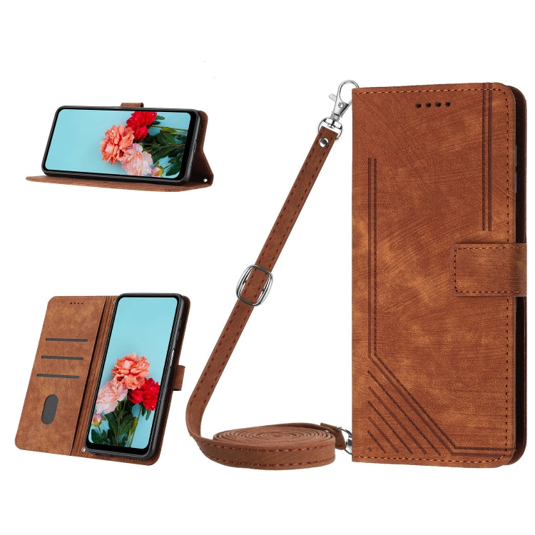 For Tecno Spark 10 Pro Skin Feel Stripe Pattern Leather Phone Case with Lanyard(Brown) by buy2fix