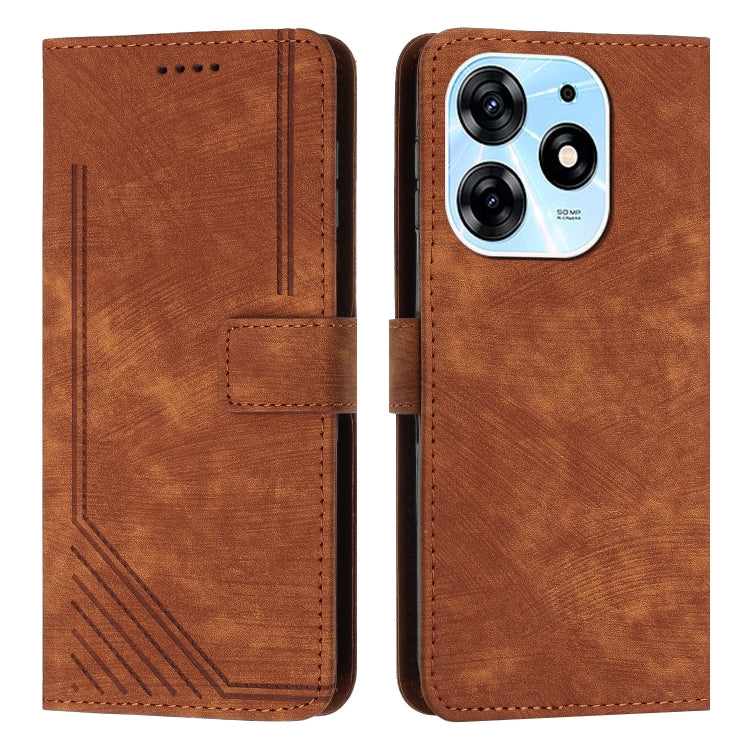 For Tecno Spark 10 Pro Skin Feel Stripe Pattern Leather Phone Case with Lanyard(Brown) by buy2fix
