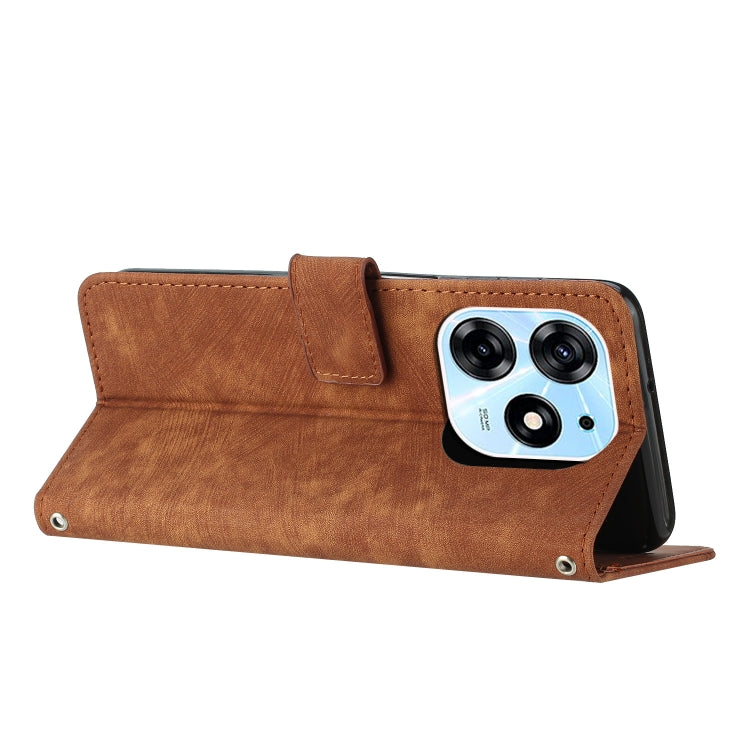 For Tecno Spark 10 Pro Skin Feel Stripe Pattern Leather Phone Case with Lanyard(Brown) by buy2fix