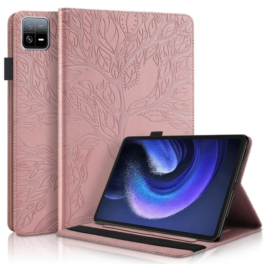 Pour Xiaomi Pad 6 / Pad 6 Pro Life Tree Series Étui pour tablette en cuir à rabat horizontal (or rose)