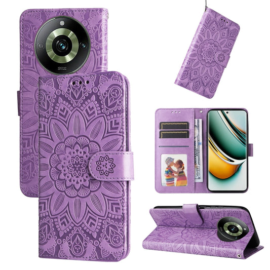 For Realme 11 Pro / 11 Pro+ Embossed Sunflower Leather Phone Case(Purple) - Realme Cases by buy2fix | Online Shopping UK | buy2fix
