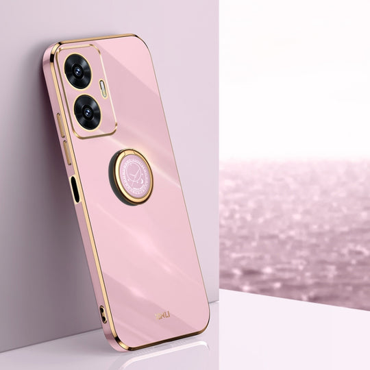 For Realme C55 XINLI Straight Edge 6D Electroplate TPU Phone Case with Ring Holder(Cherry Purple)