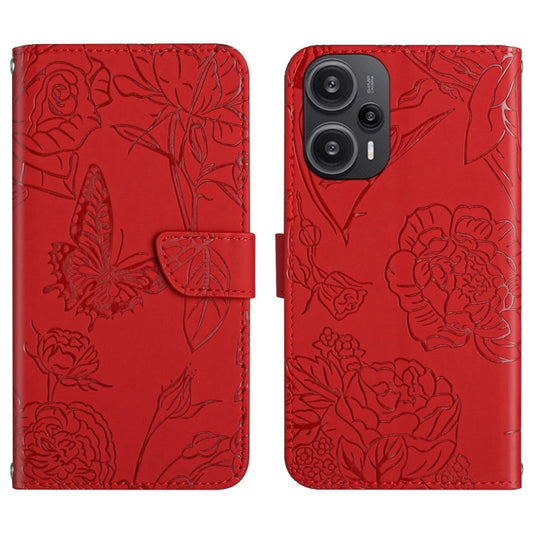 For Xiaomi Poco F5 Skin Feel Butterfly Embossed Flip Leather Phone Case(Red) - Xiaomi Cases by buy2fix | Online Shopping UK | buy2fix
