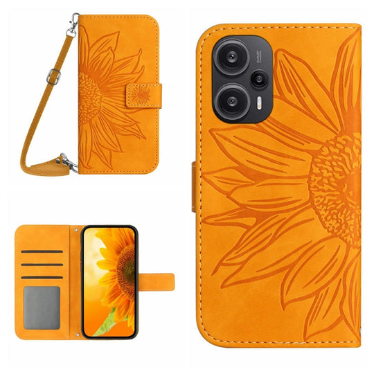 For Xiaomi Poco F5 Skin Feel Sun Flower Embossed Flip Leather Phone Case with Lanyard(Yellow)