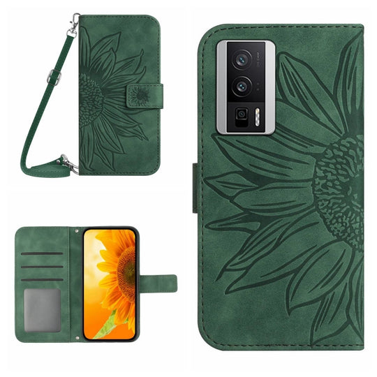 For Xiaomi Poco F5 Pro Skin Feel Sun Flower Embossed Flip Leather Phone Case with Lanyard(Green)