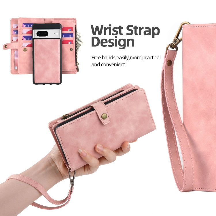 For Google Pixel 7 Zipper Wallet Detachable Magnetic Leather Phone Case(Pink) - Google Cases by buy2fix | Online Shopping UK | buy2fix