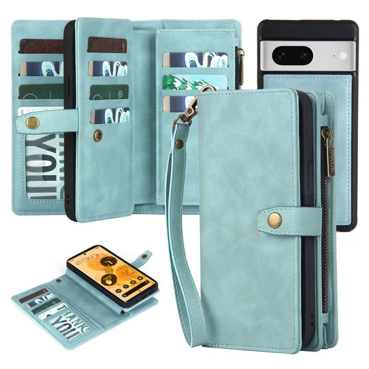 For Google Pixel 7 Zipper Wallet Detachable Magnetic Leather Phone Case(Blue) - Google Cases by buy2fix | Online Shopping UK | buy2fix