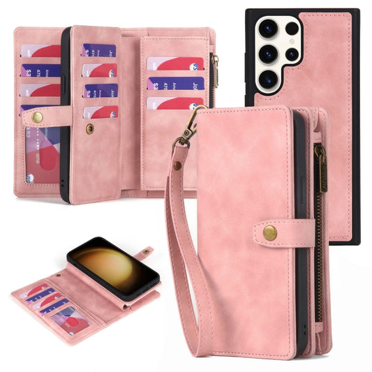 For Samsung Galaxy S23 Ultra 5G Zipper Wallet Magnetic Detachable Leather Phone Case(Pink) - Galaxy S23 Ultra 5G Cases by buy2fix | Online Shopping UK | buy2fix