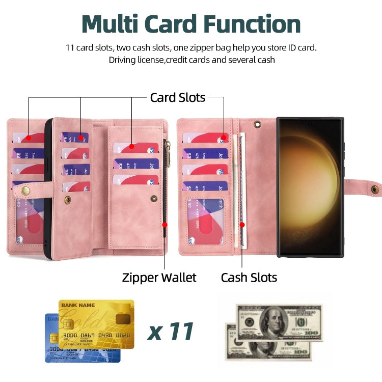 For Samsung Galaxy S23 Ultra 5G Zipper Wallet Magnetic Detachable Leather Phone Case(Pink) - Galaxy S23 Ultra 5G Cases by buy2fix | Online Shopping UK | buy2fix