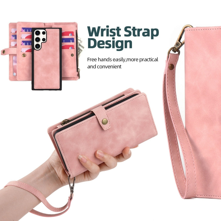 For Samsung Galaxy S23 Ultra 5G Zipper Wallet Magnetic Detachable Leather Phone Case(Pink) - Galaxy S23 Ultra 5G Cases by buy2fix | Online Shopping UK | buy2fix
